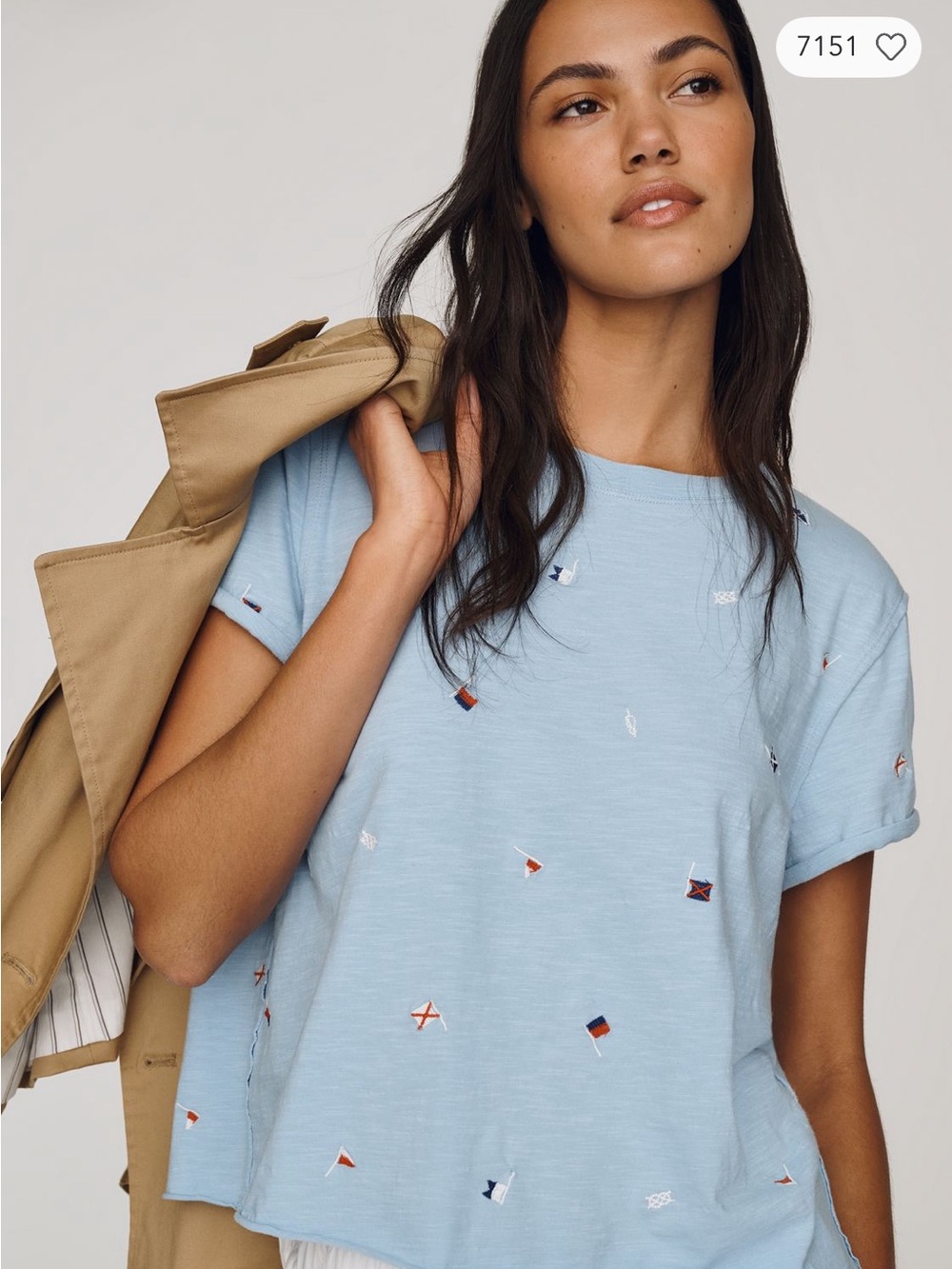 Anthropologie Light Blue Embroidered Flag Tee